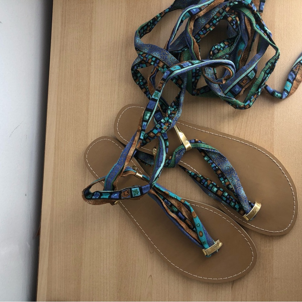 Colorful Blue Gold Strappy Sandals Y2K Boho
